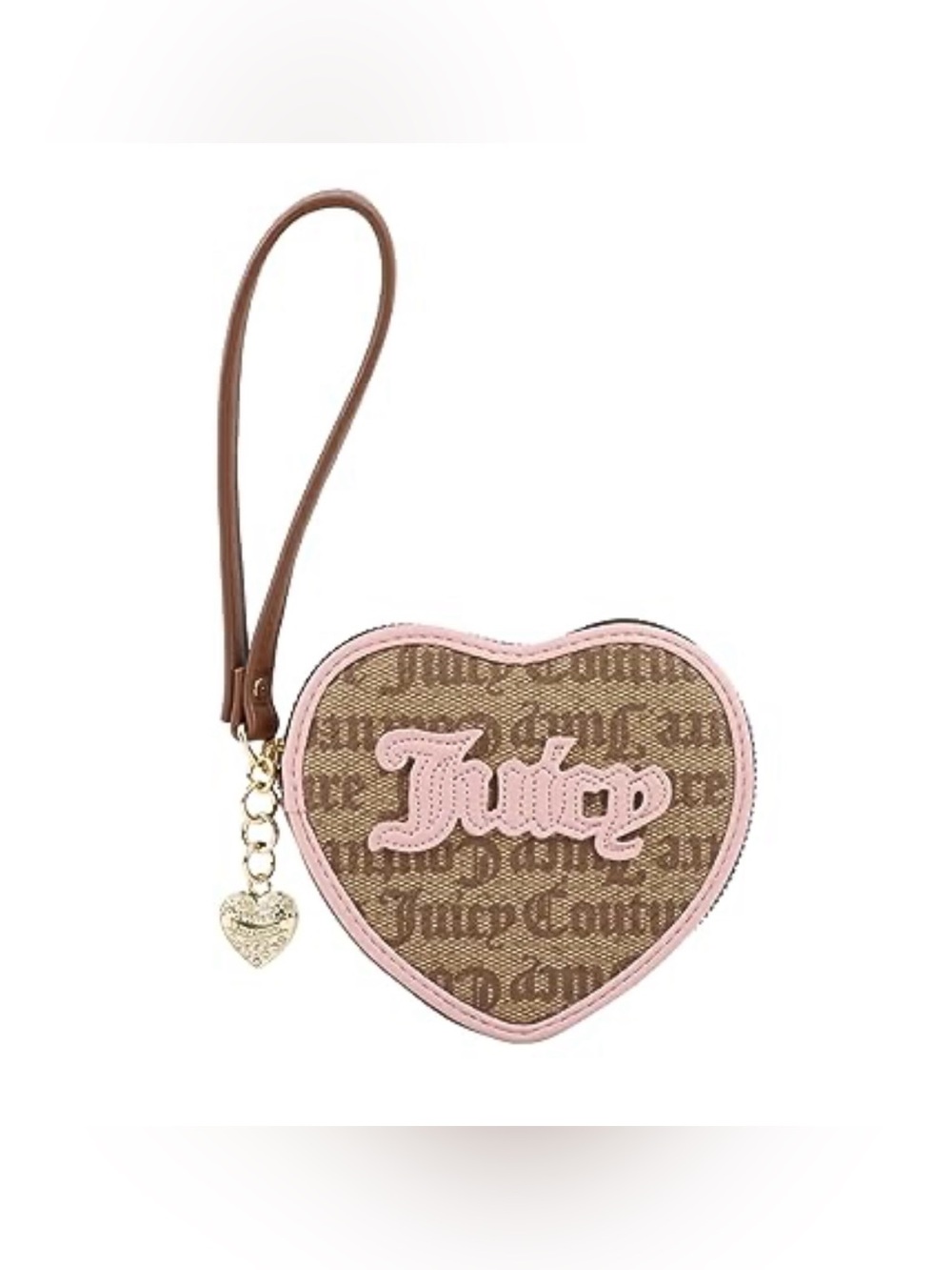 Juicy Couture Brown Canvas Heart Wristlet with Pink Trim and Gold Charm